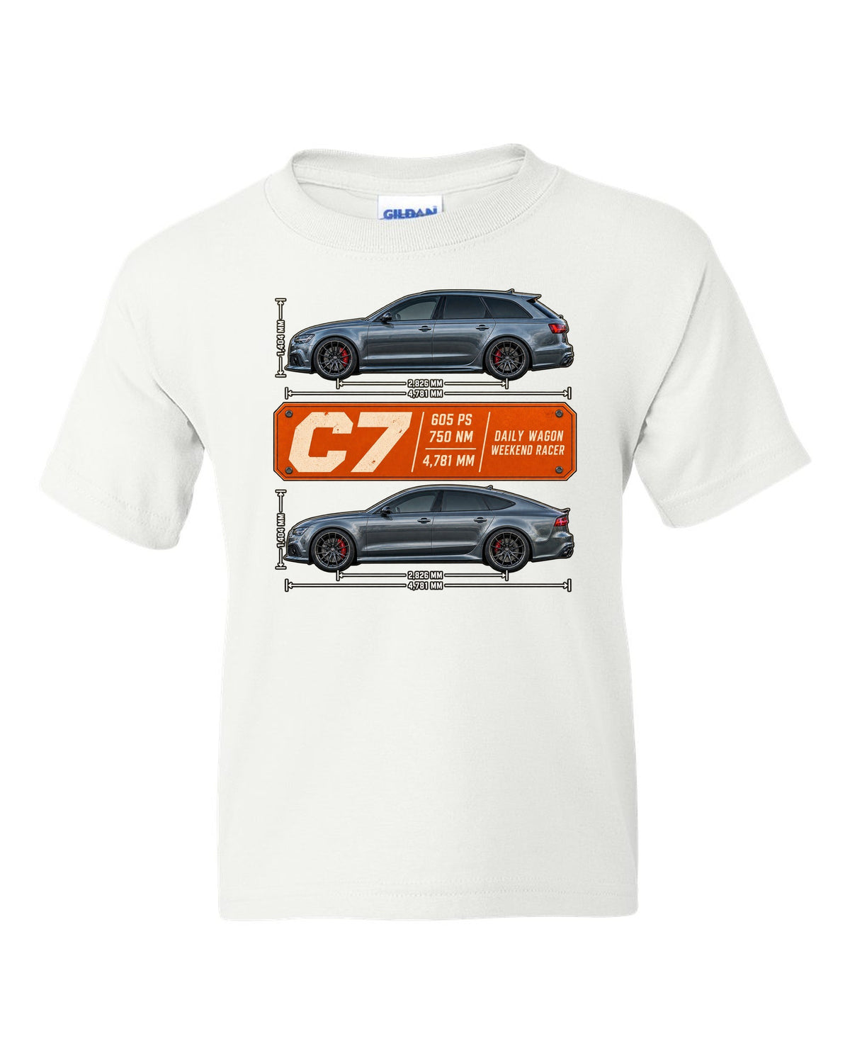 Audi RS4 Avant B9 spec poster print with 450 PS and 600 Nm white kids tee front view with the design
