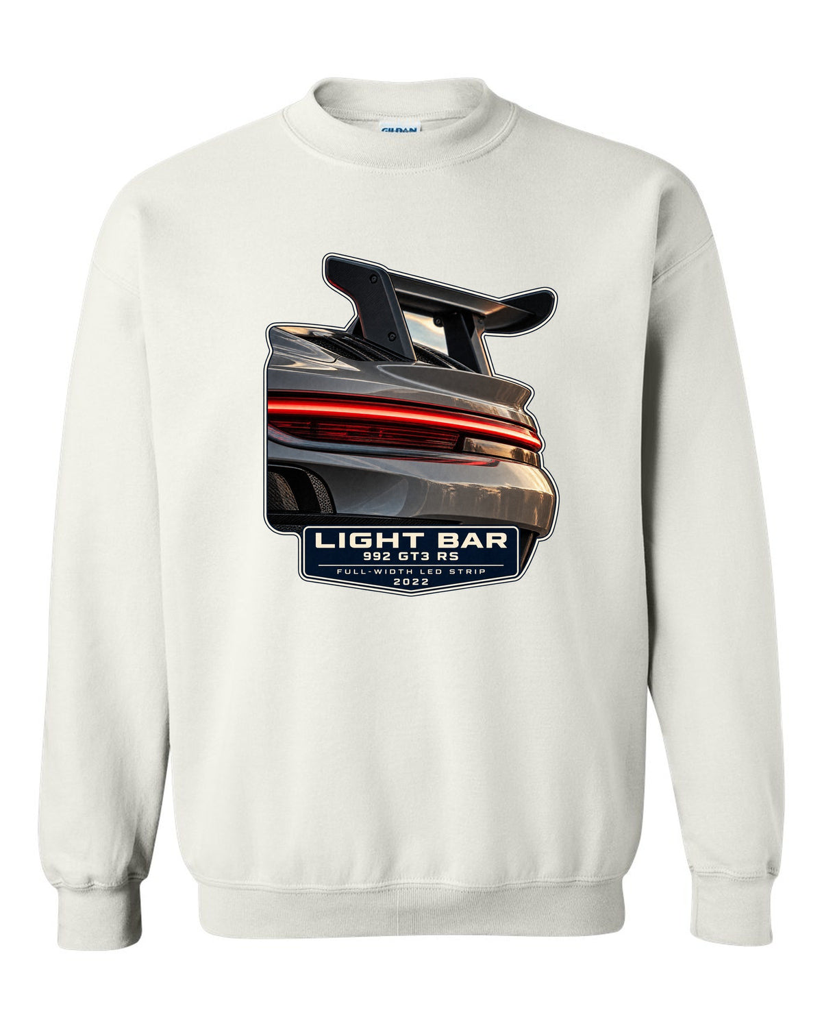 Porsche 992 GT3 RS taillight macro light bar print design white crewneck front view with the design