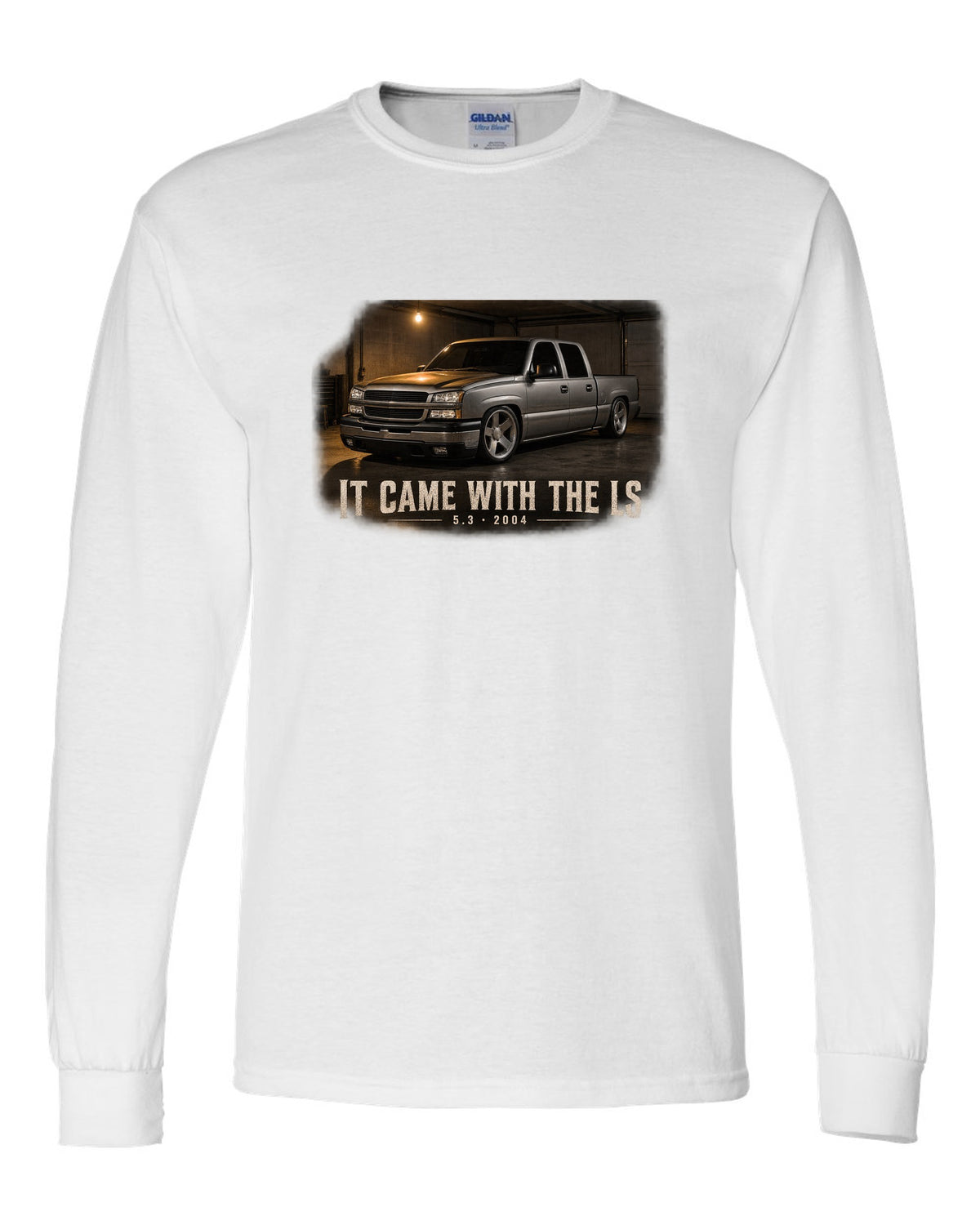 2004 Chevy Silverado crew cab in a garage night scene, print white long sleeve front view with the design