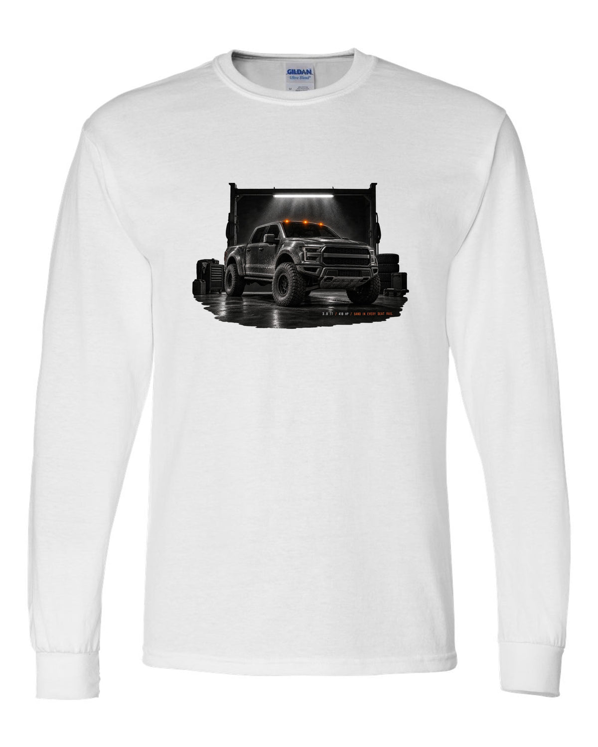 Ford Bronco Raptor 2022 U725 garage night print with 3.0 TT and 418 HP text white long sleeve front view with the design