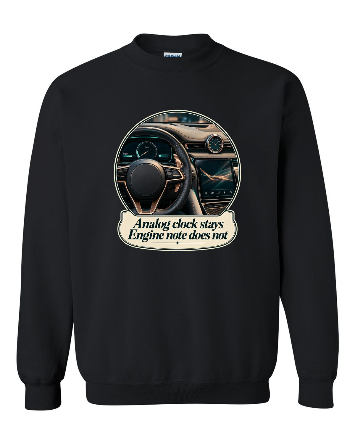 Maserati GranTurismo Folgore cockpit with analog clock, print black crewneck front view with the design