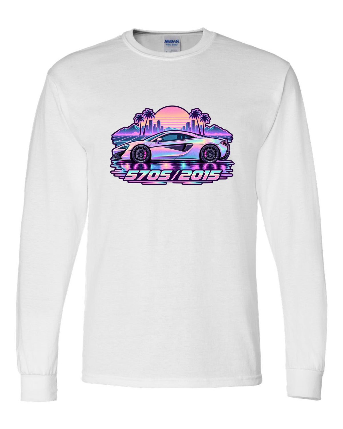 McLaren 570S vaporwave pastel rain print with 570S 2015 lettering white long sleeve front view with the design