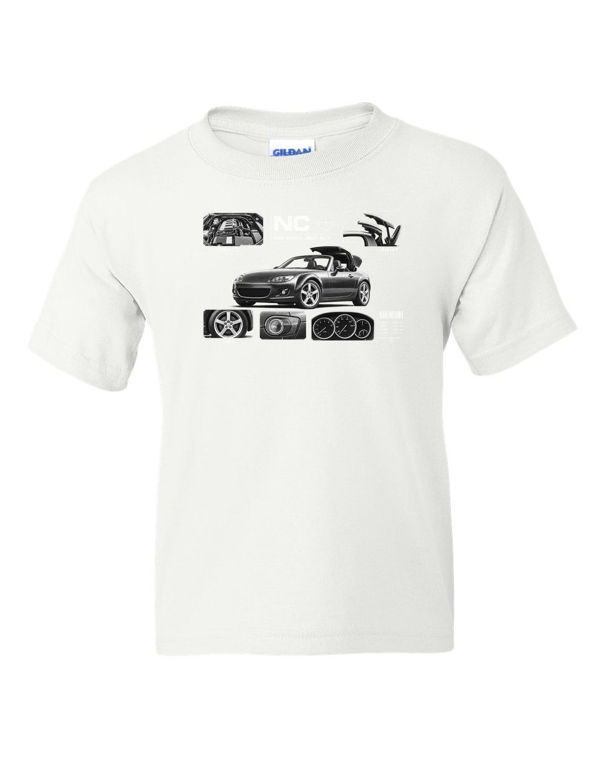 Dossier panel print of a Mazda MX-5 NC PRHT with roof and 1,999 cc lettering white kids tee front view with the design