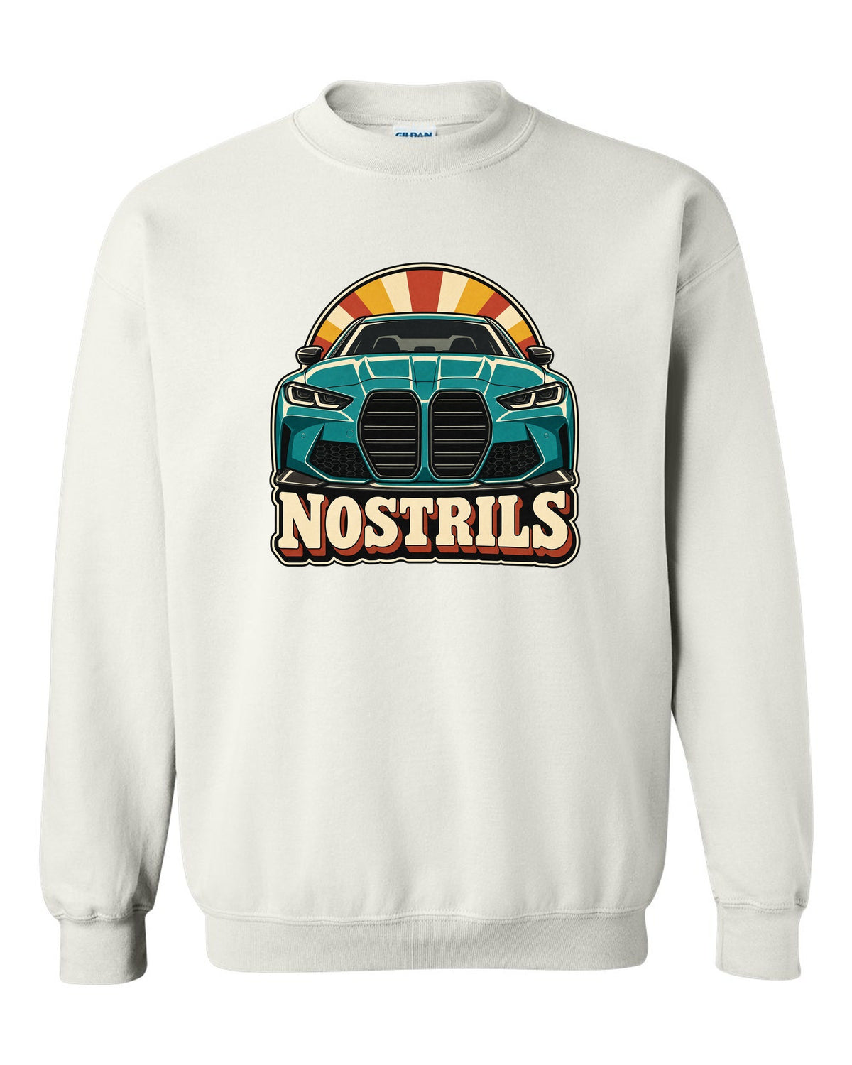 BMW G80 M3 retro catalogue ad style print with Nostrils text white crewneck front view with the design