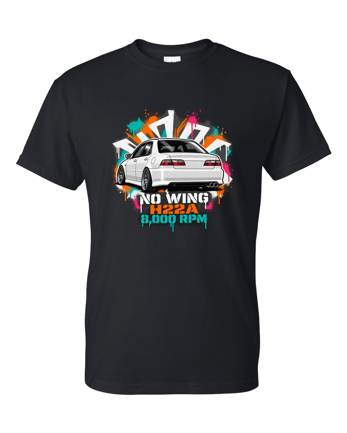 Stencil spray street art print of a Honda Accord Euro R CL1 with no wing H22A 8,000 RPM text black t-shirt front view with the design