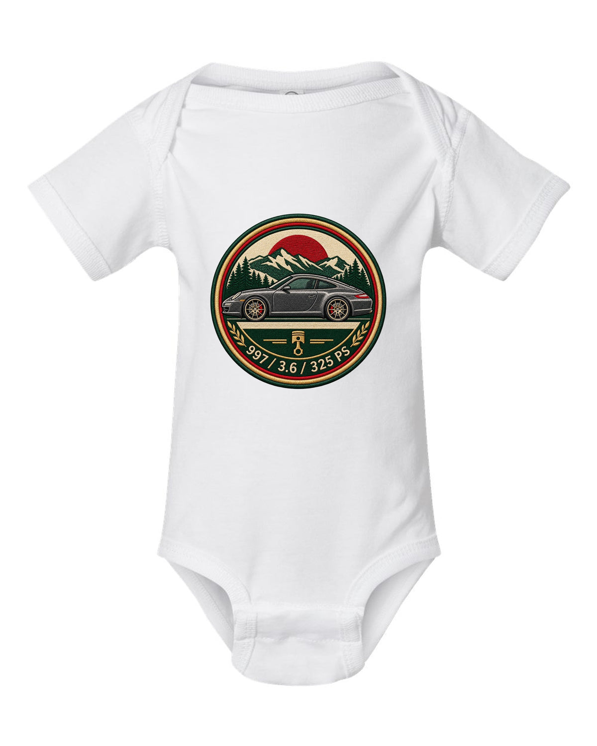 Round crest print of a Porsche 911 996 with the text 996, 3.4 and 300 PS white baby onesie front view with the design