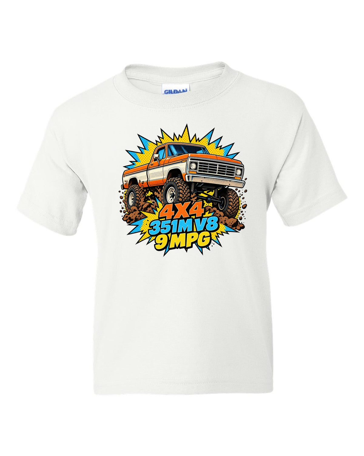 Dent-Side Ford F-150 Comic Halftone Pop-Art Workshop Tee white kids tee front view with the design