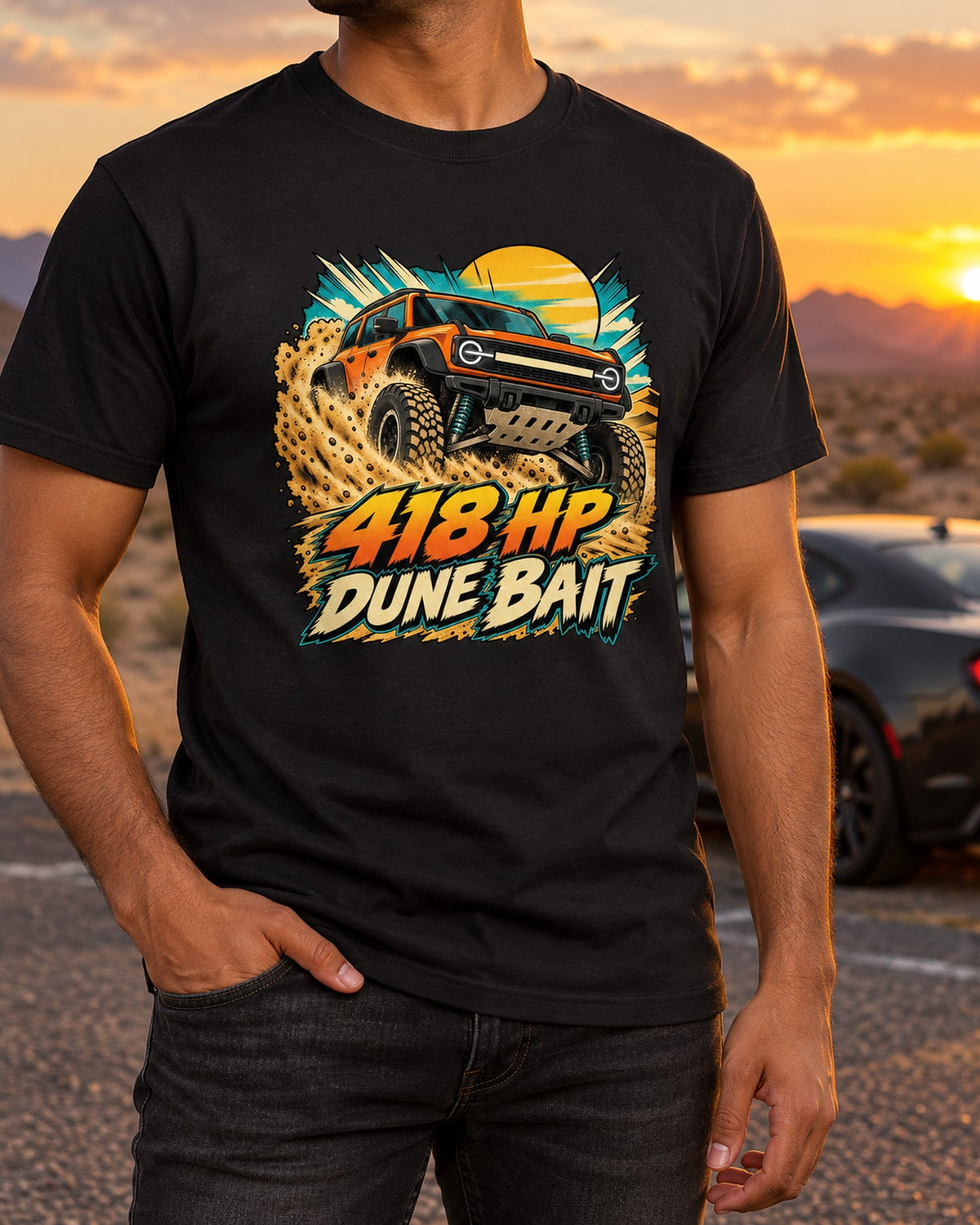 Ford Bronco Raptor U725 Retro Manga Dune Run Shirt T-Shirt Black worn hero
