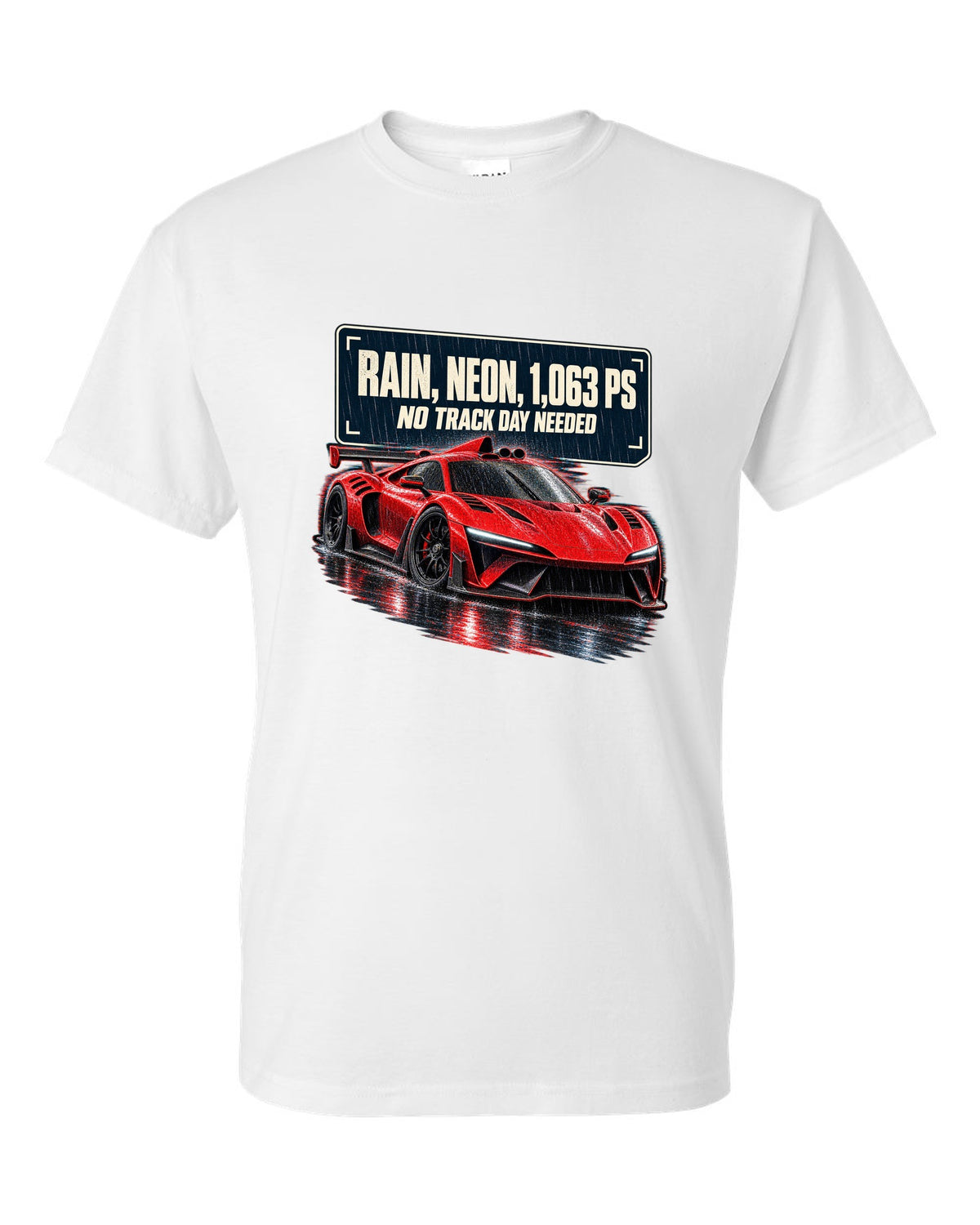 Mercedes-AMG One hypercar on a rainy neon night street white t-shirt front view with the design