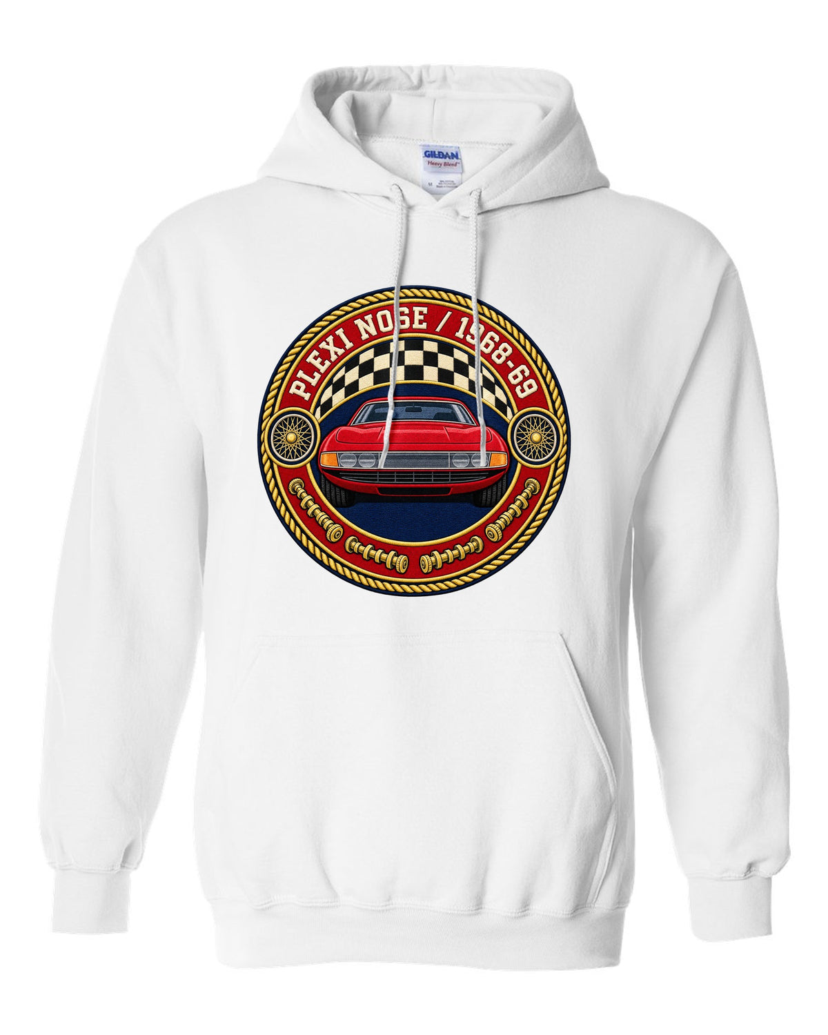 Round crest print for the Ferrari 365 GTB/4 Daytona with Plexi Nose and 1968-69 lettering white pull over hoodie front view with the design