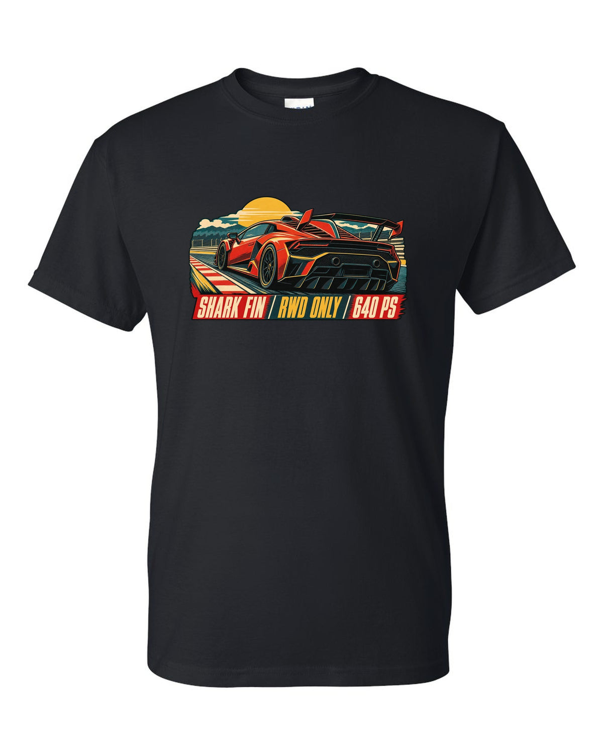 Vintage 1960s lithograph race poster of a Lamborghini Huracan STO LP640-2 with shark fin text black t-shirt front view with the design