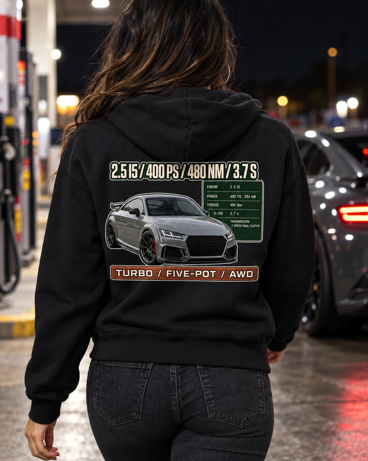 Audi TT RS 8S Spec Poster Shirt, 2.5 I5 400 PS print Zip Hoodie Black worn hero