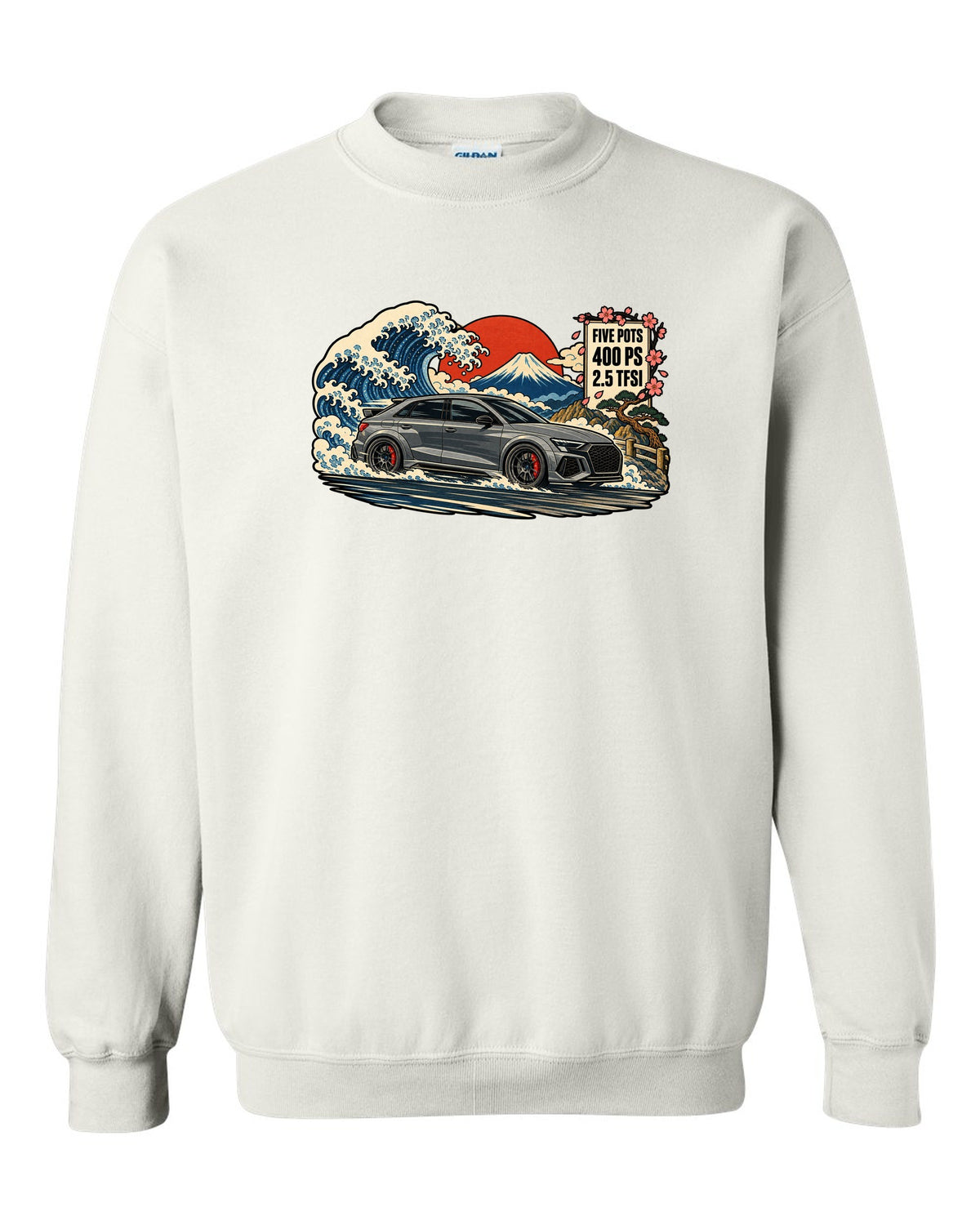 Ukiyo-e woodblock style print of an Audi RS3 8Y with a mountain and 2.5 TFSI text white crewneck front view with the design