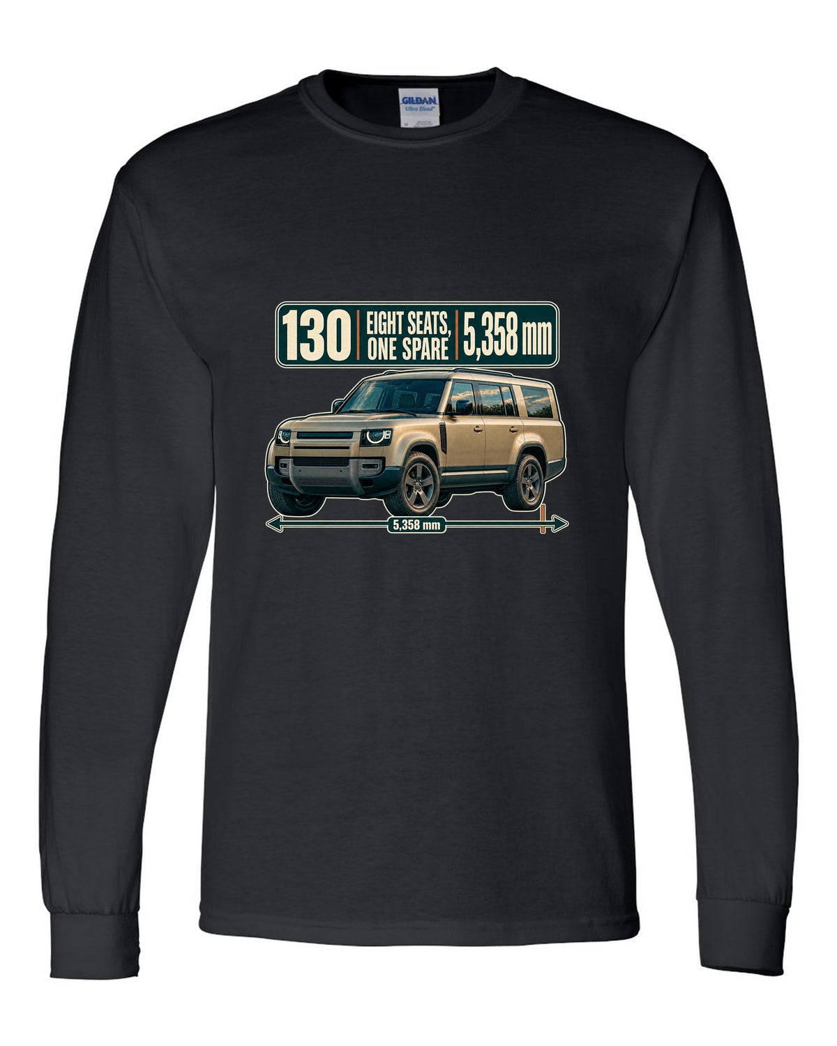 Editorial headline print for the Land Rover Defender 130 L663 with eight seats and length black long sleeve front view with the design