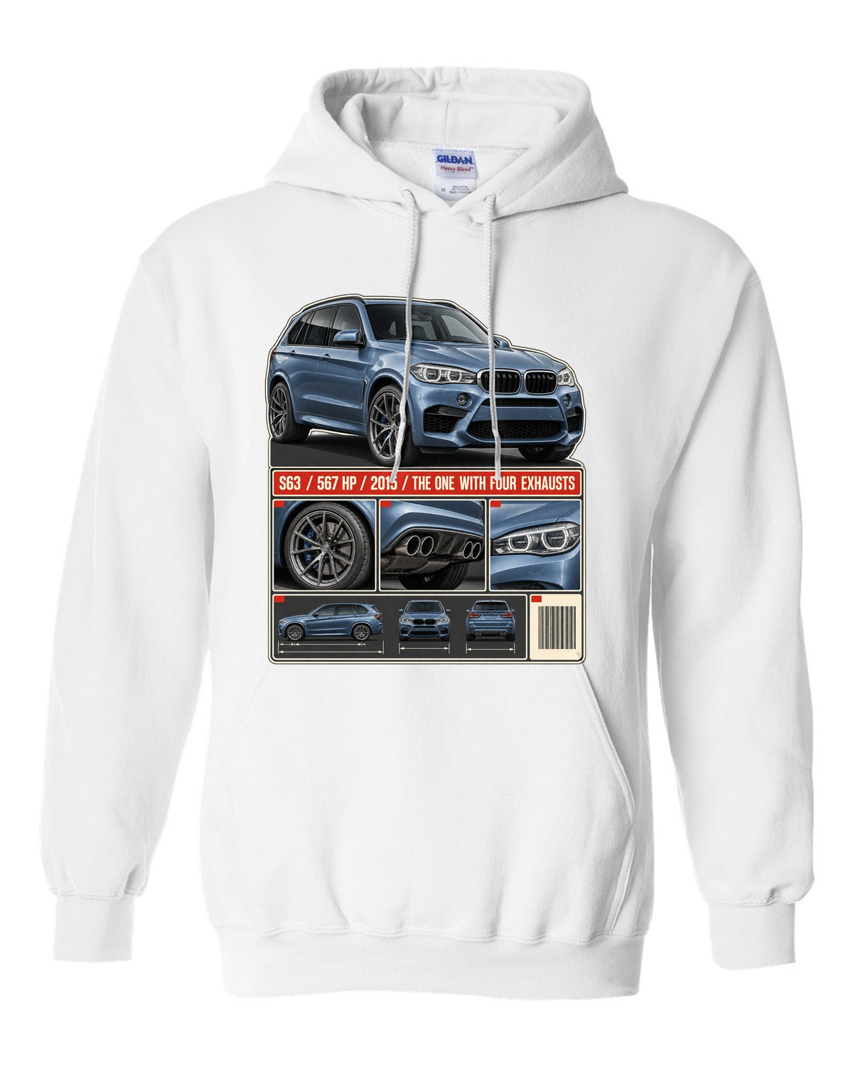 BMW X5 M F85 dossier panels print on a tee white pull over hoodie front view with the design