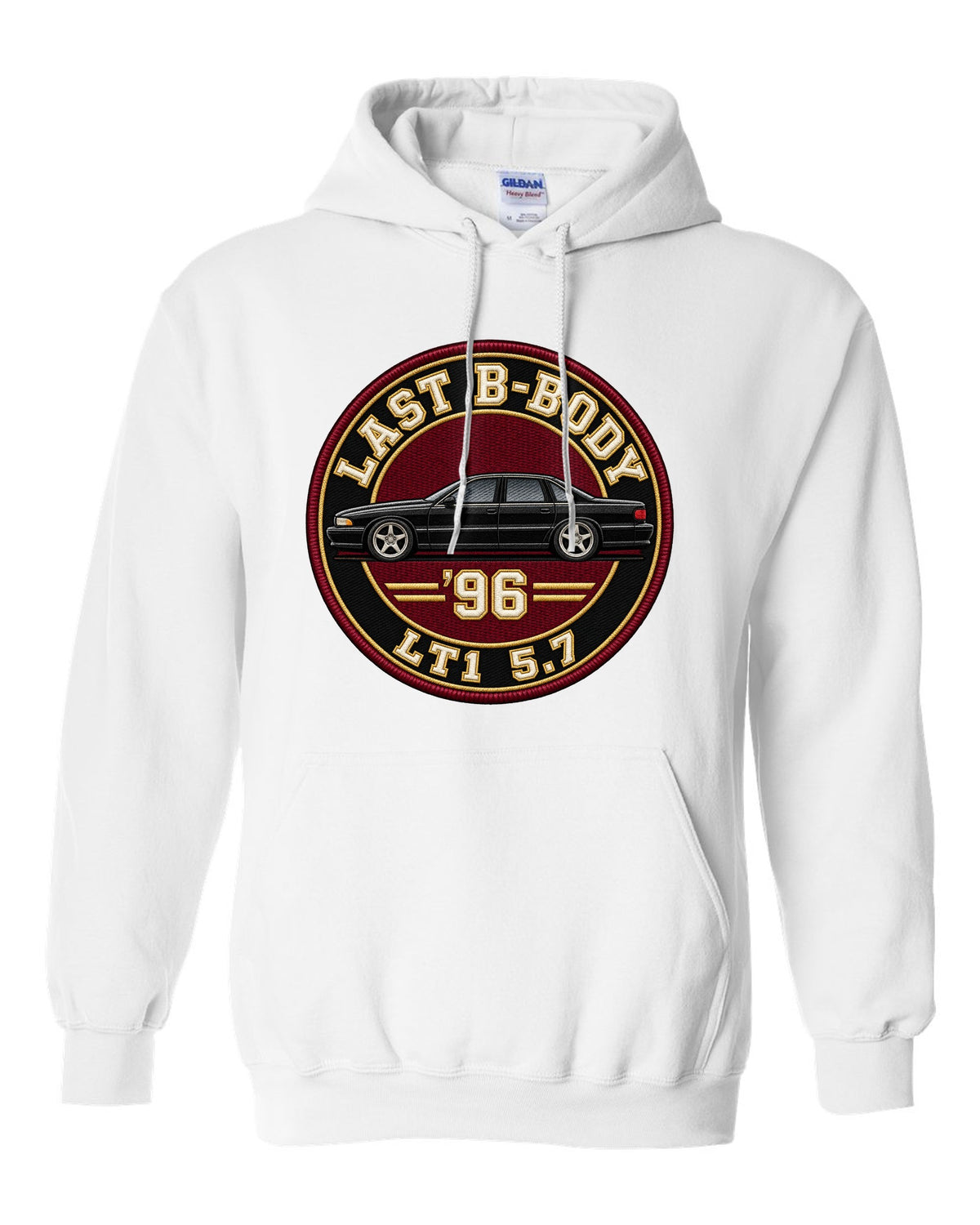 Varsity crest print for the 1996 Chevrolet Impala SS reading Last B-Body, '96, LT1 5.7 white pull over hoodie front view with the design
