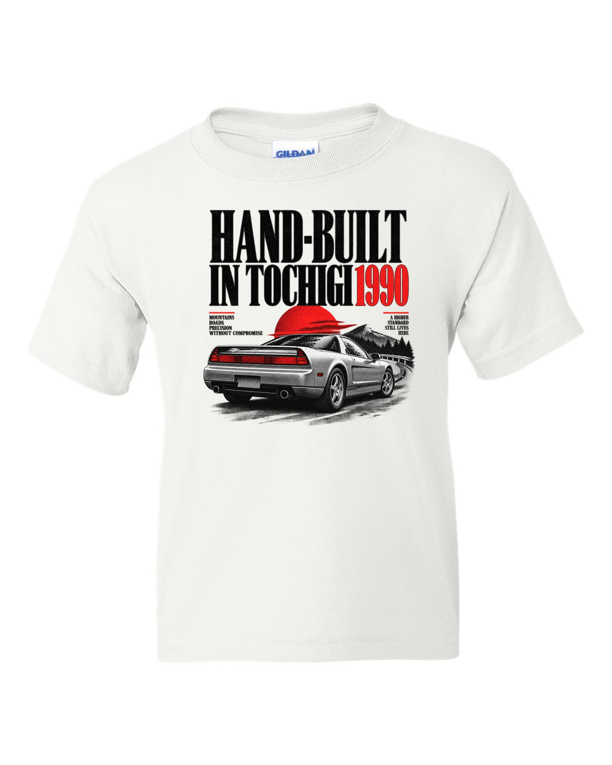 Honda NSX NA1 editorial headline design with hand-built in Tochigi 1990 text white kids tee front view with the design