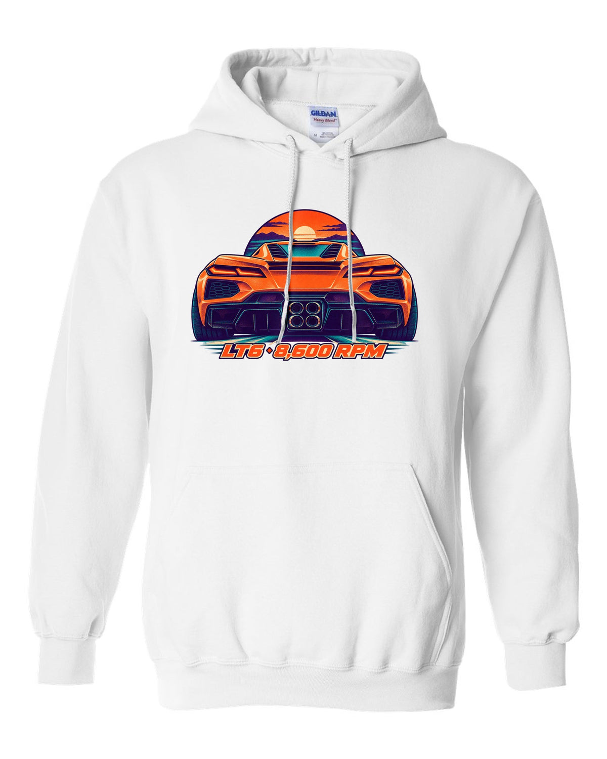 Risograph-style print of a Chevrolet Corvette C8 Z06 with quad exhaust tips and LT6 8,600 RPM lettering white pull over hoodie front view with the design