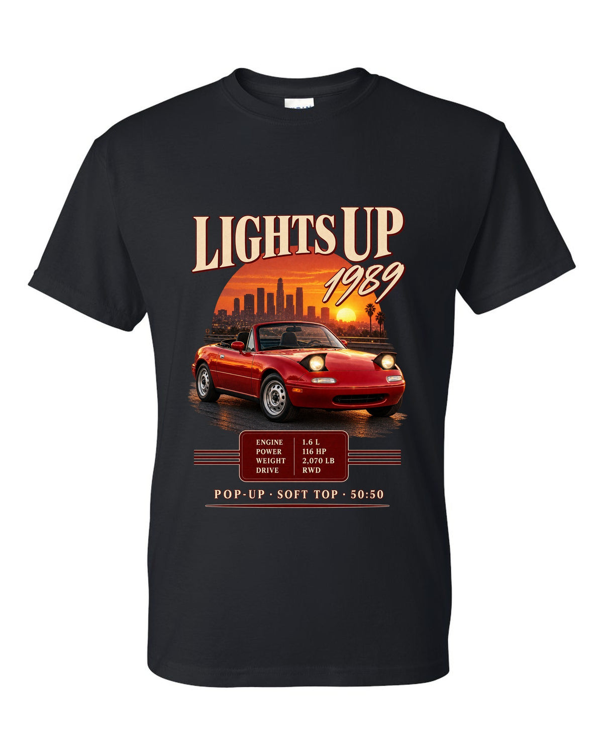 Archive panel print for the 1989 Mazda MX-5 NA with 116 HP, 2,070 lb and pop-up headlight specs black t-shirt front view with the design