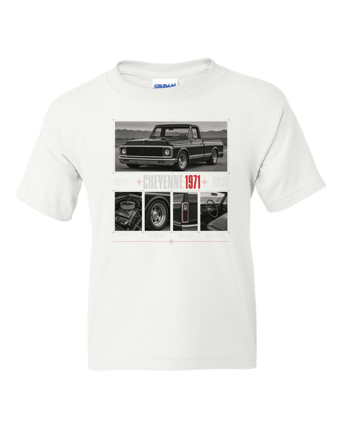 Dossier panel print of a 1971 Chevrolet C10 Cheyenne with 350 small block text white kids tee front view with the design