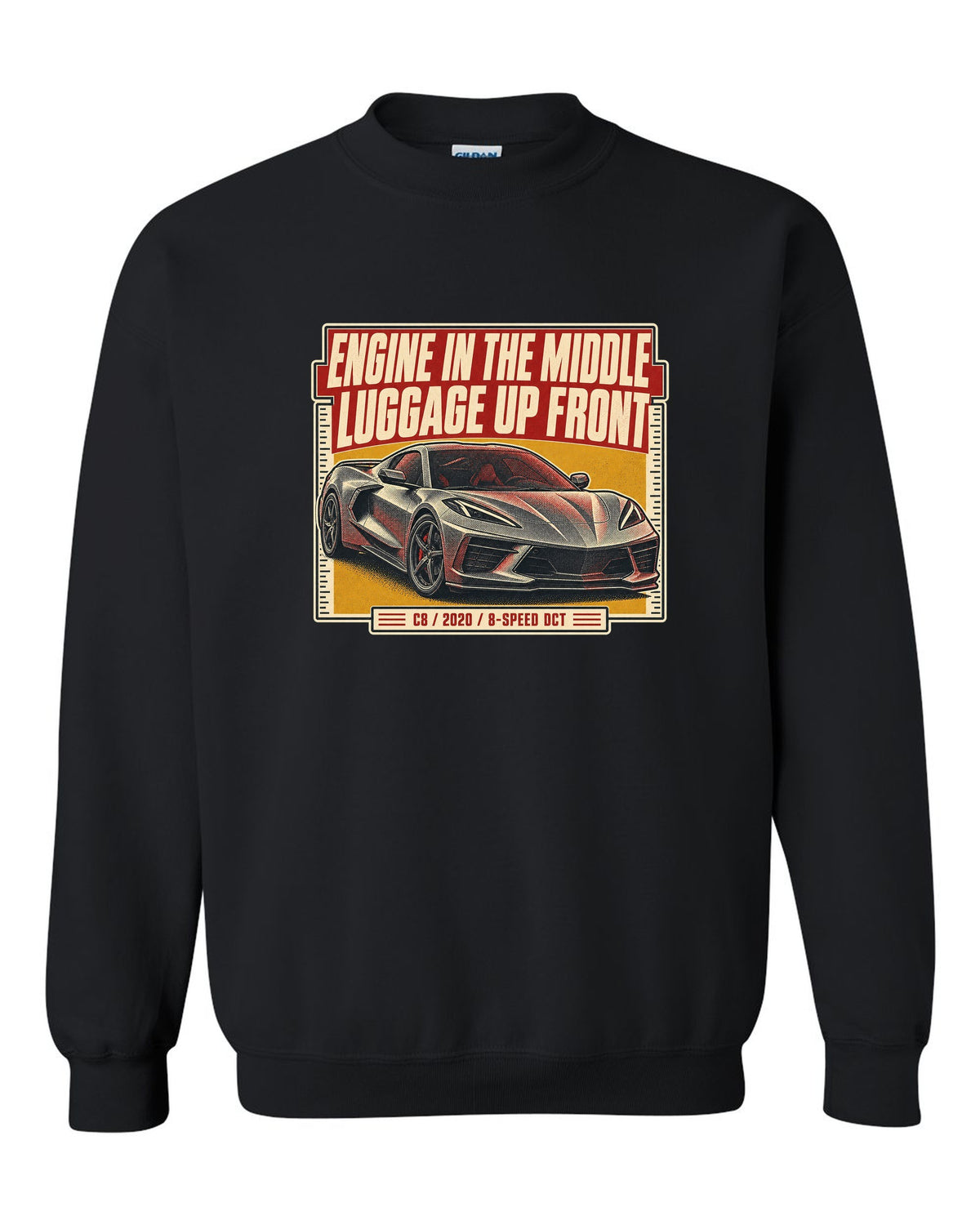 Halftone print of a Chevrolet Corvette C8 Stingray with engine in the middle text black crewneck front view with the design