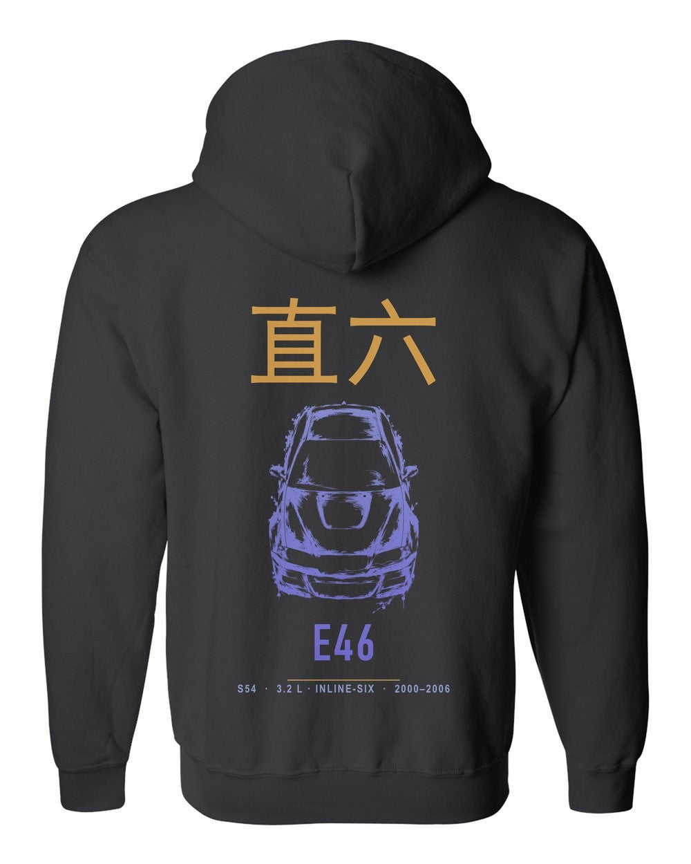 E46 full-back artwork black zip hoodie back view with the design