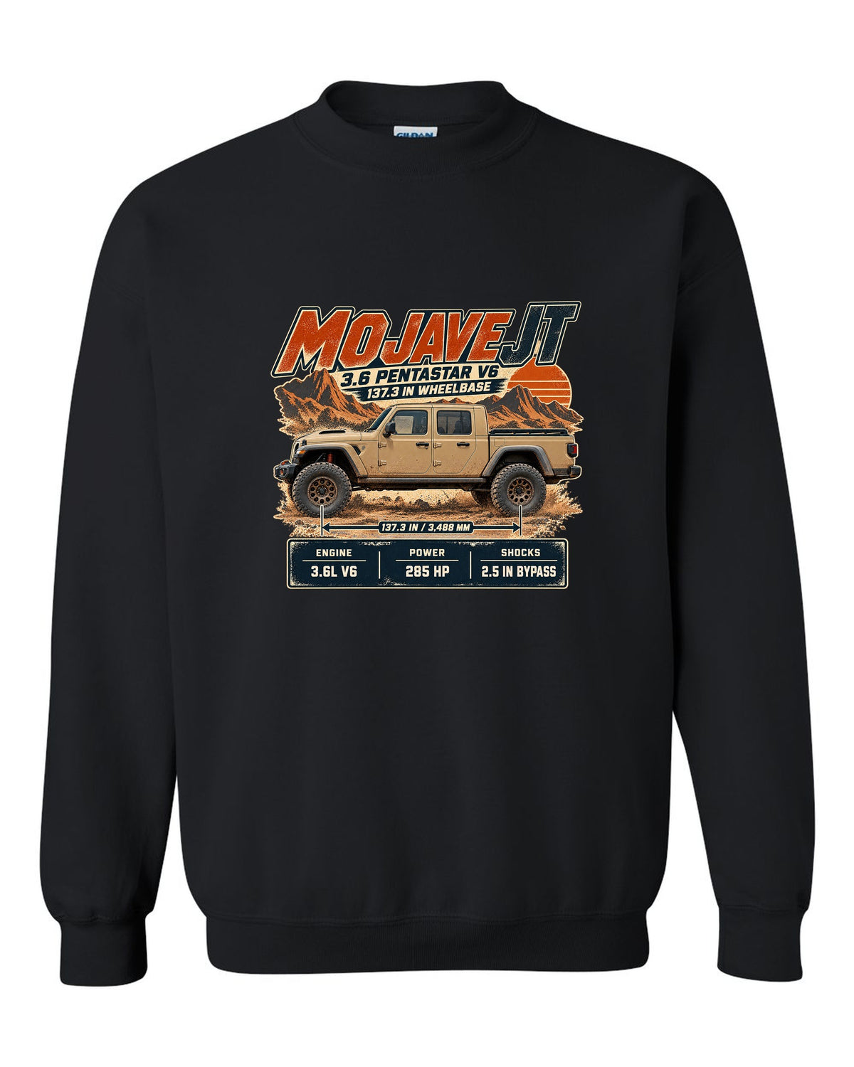Spec poster print for the Jeep Gladiator Mojave JT with engine and wheelbase black crewneck front view with the design