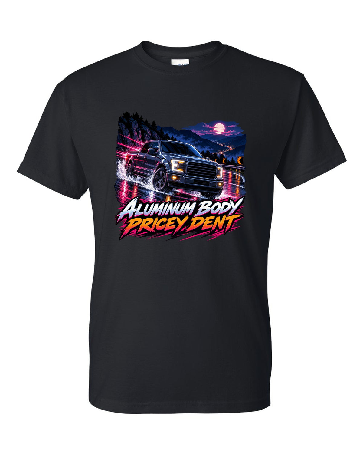 Cel-shaded anime night mountain pass print of a 2015-20 Ford F-150 P552 truck black t-shirt front view with the design