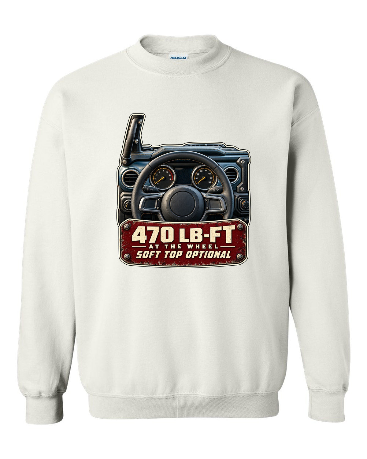 Gauge cluster print for the Jeep Wrangler Rubicon 392 with torque callout white crewneck front view with the design
