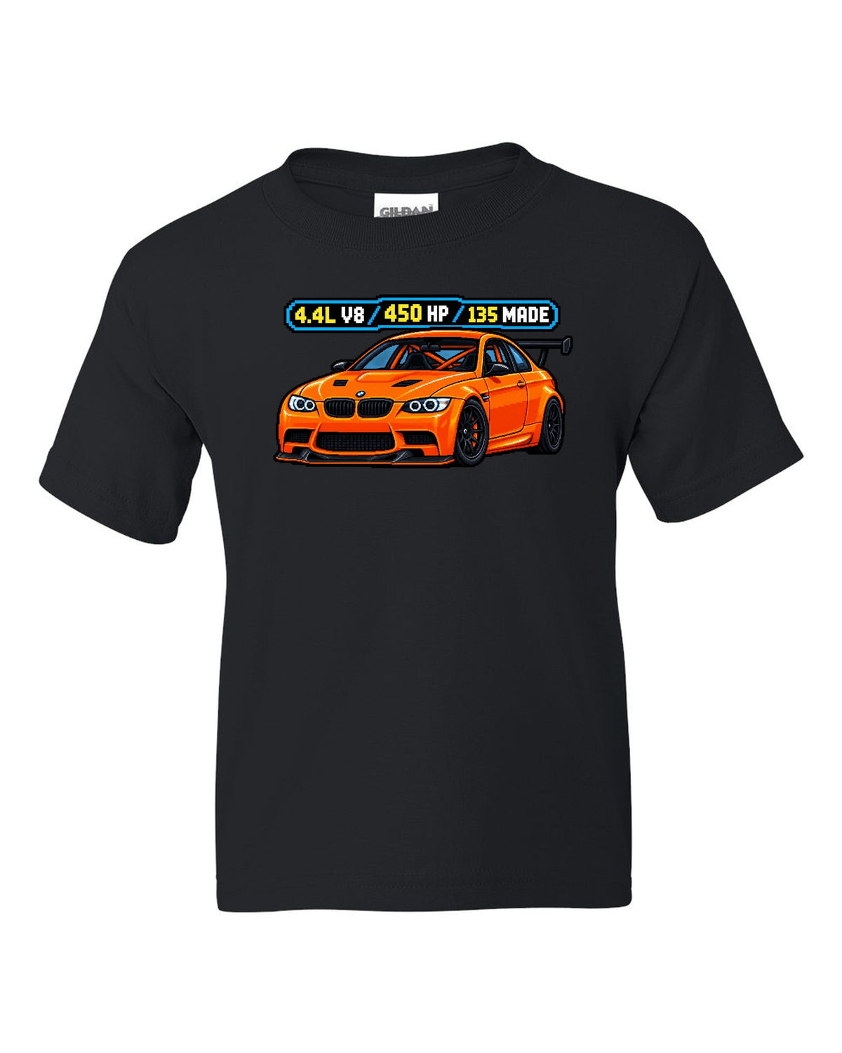 Pixel art print of an orange BMW E92 M3 GTS with 4.4L V8, 450 HP and 135 made text black kids tee front view with the design