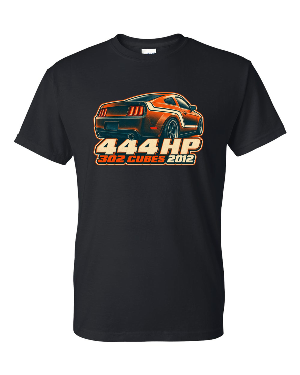 Risograph halftone stripe macro of a 2005-2014 S197 Ford Mustang with 444 HP text black t-shirt front view with the design