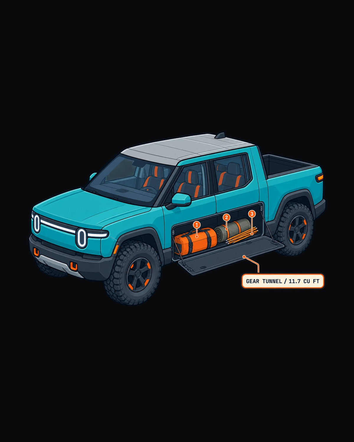 Rivian R1T Gear Tunnel Cutaway Diagram Tee, 11.7 Cu Ft design only