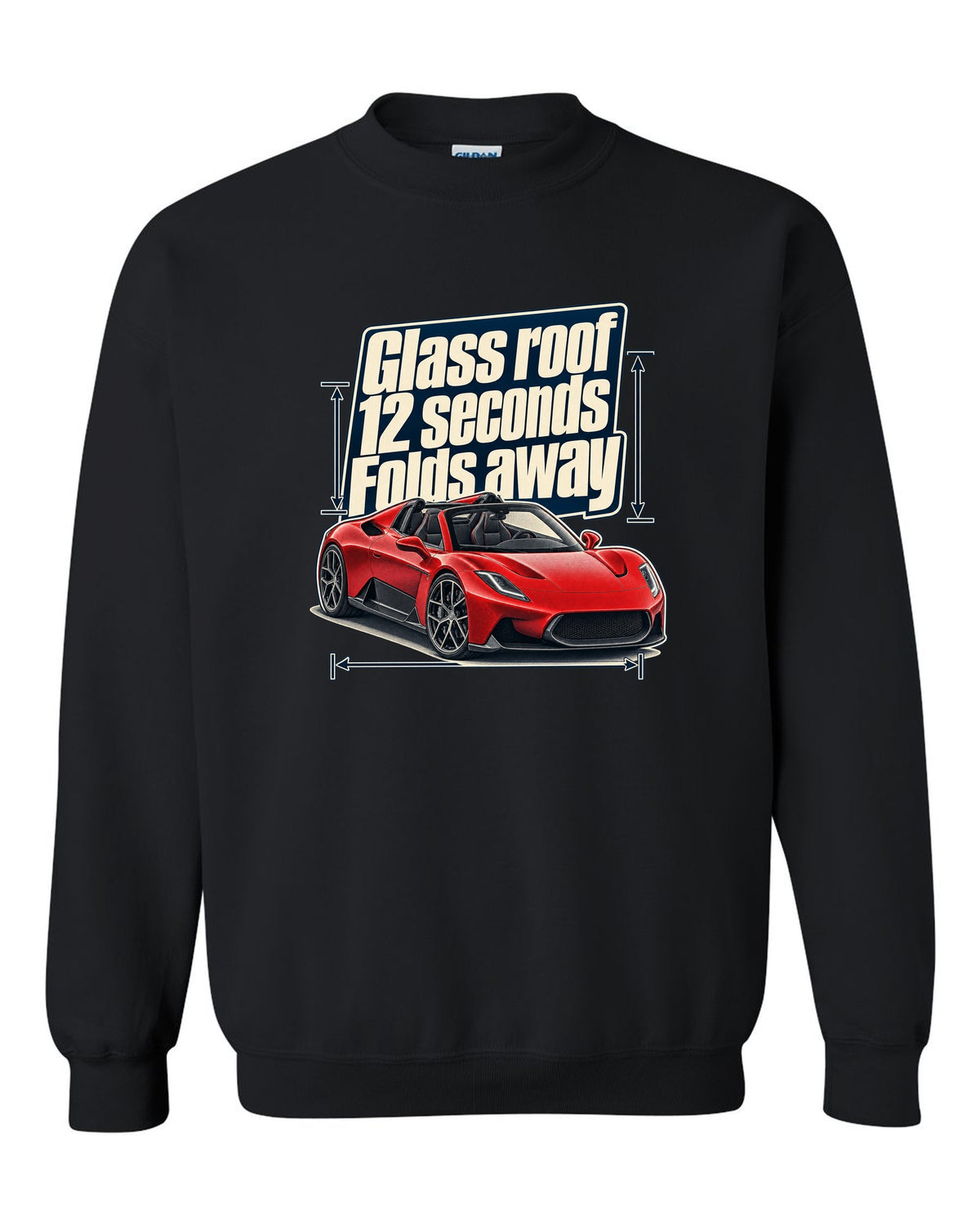 Maserati MC20 Cielo editorial headline print on a shirt black crewneck front view with the design
