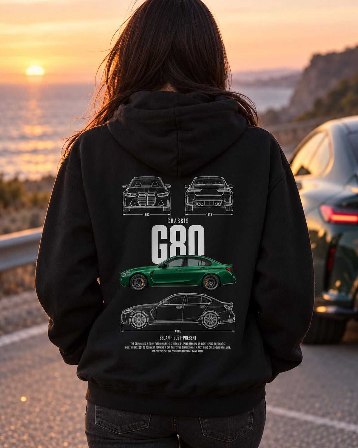 BMW G80 M3 four-door sedan Blueprint Full-Back Graphic Tee, G80 Chassis Code Pull Over Hoodie Black worn hero