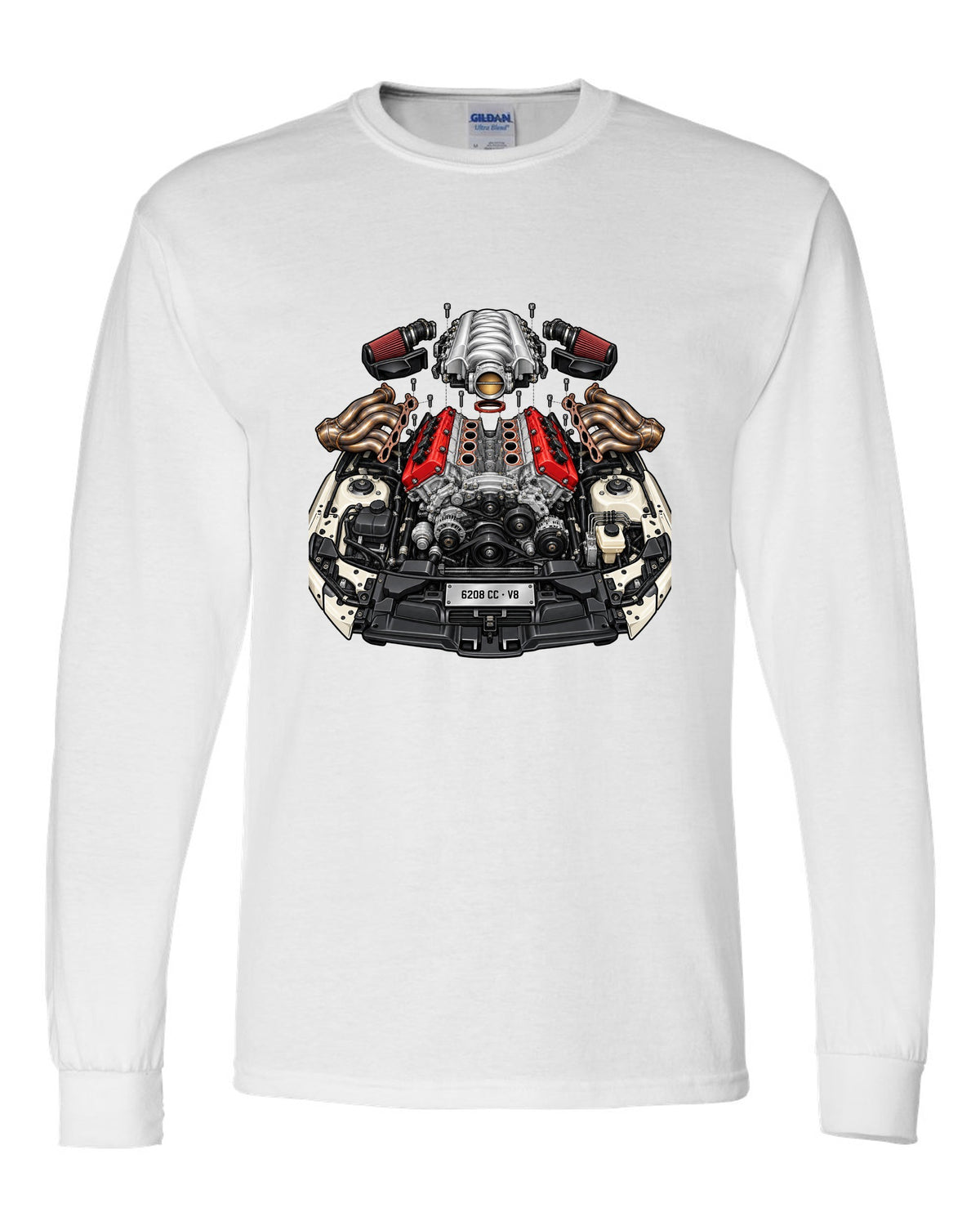 Exploded cutaway illustration of a Mercedes AMG M156 6.2 V8 engine white long sleeve front view with the design