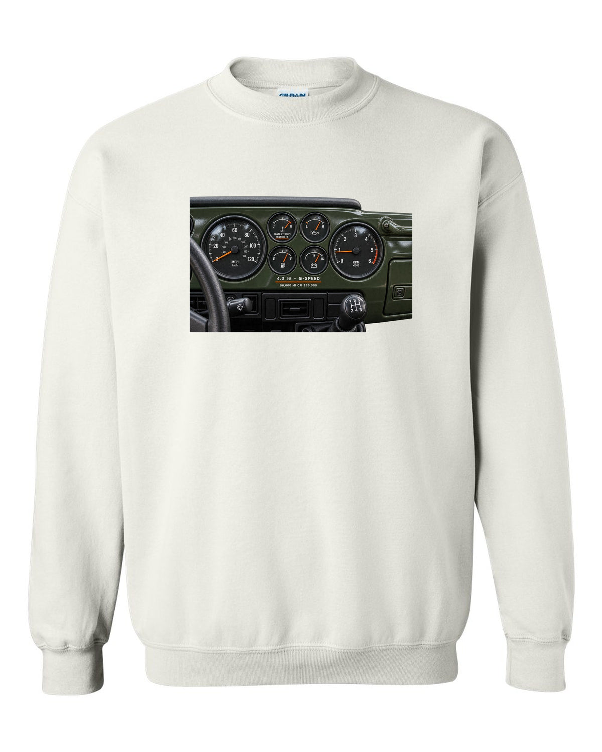Gauge cluster print for the Jeep Wrangler TJ 4.0 I6, 1997-2006 white crewneck front view with the design