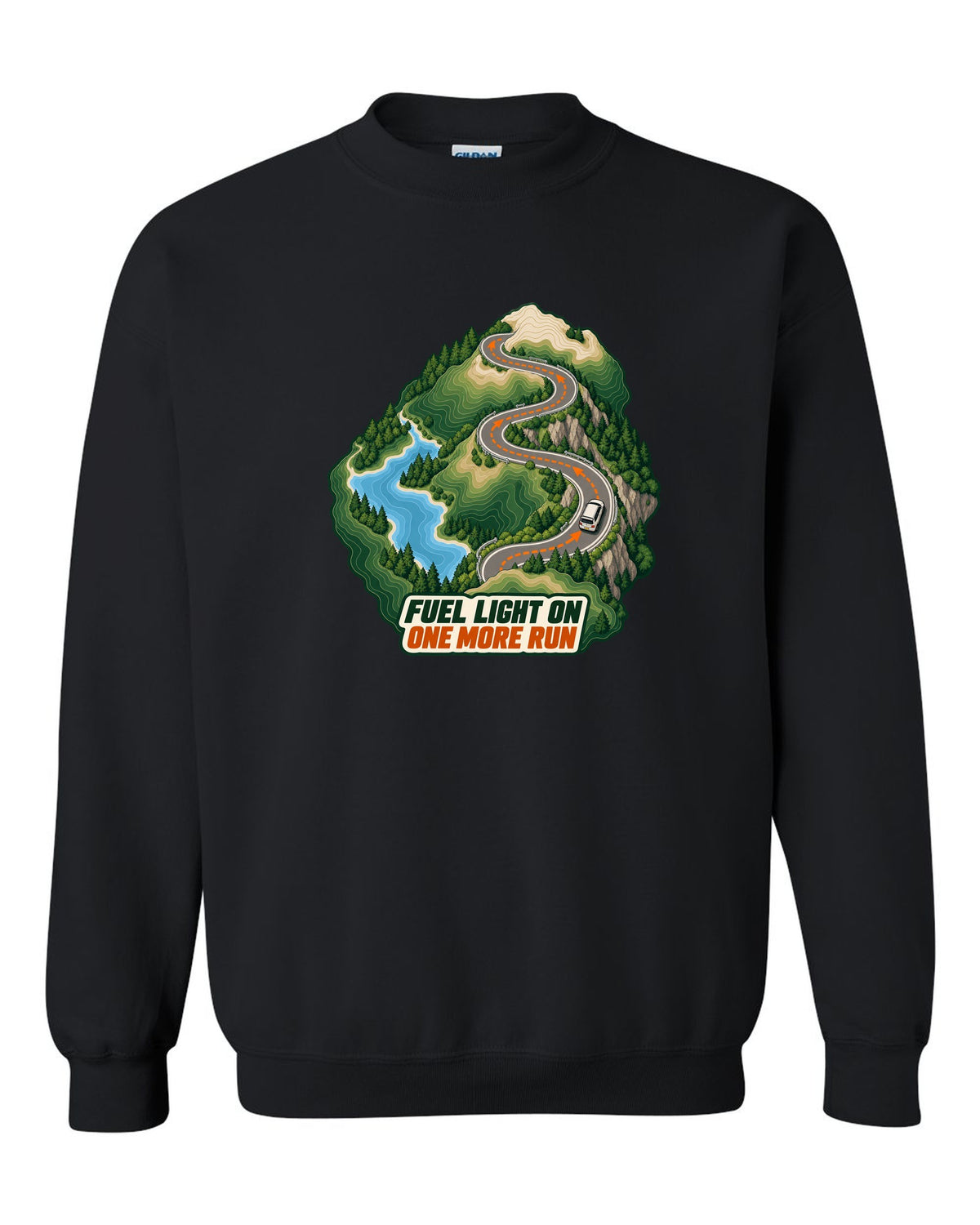 Topographic route map print of a Toyota Corolla Levin AE86 with Fuel Light On lettering black crewneck front view with the design