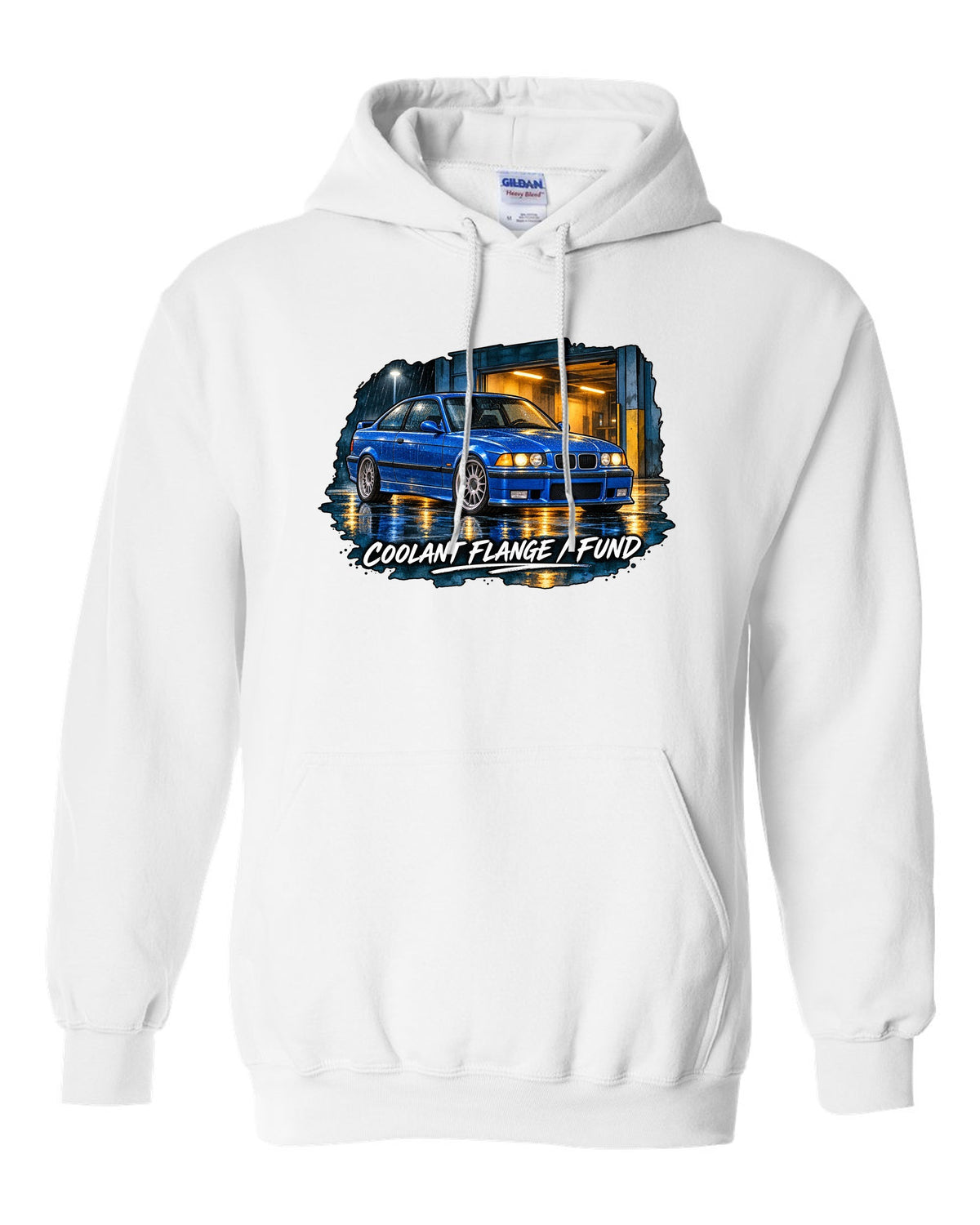 Comic halftone pop-art burnout of a BMW E36 M3 coupe with rear tyres subscription text white pull over hoodie front view with the design