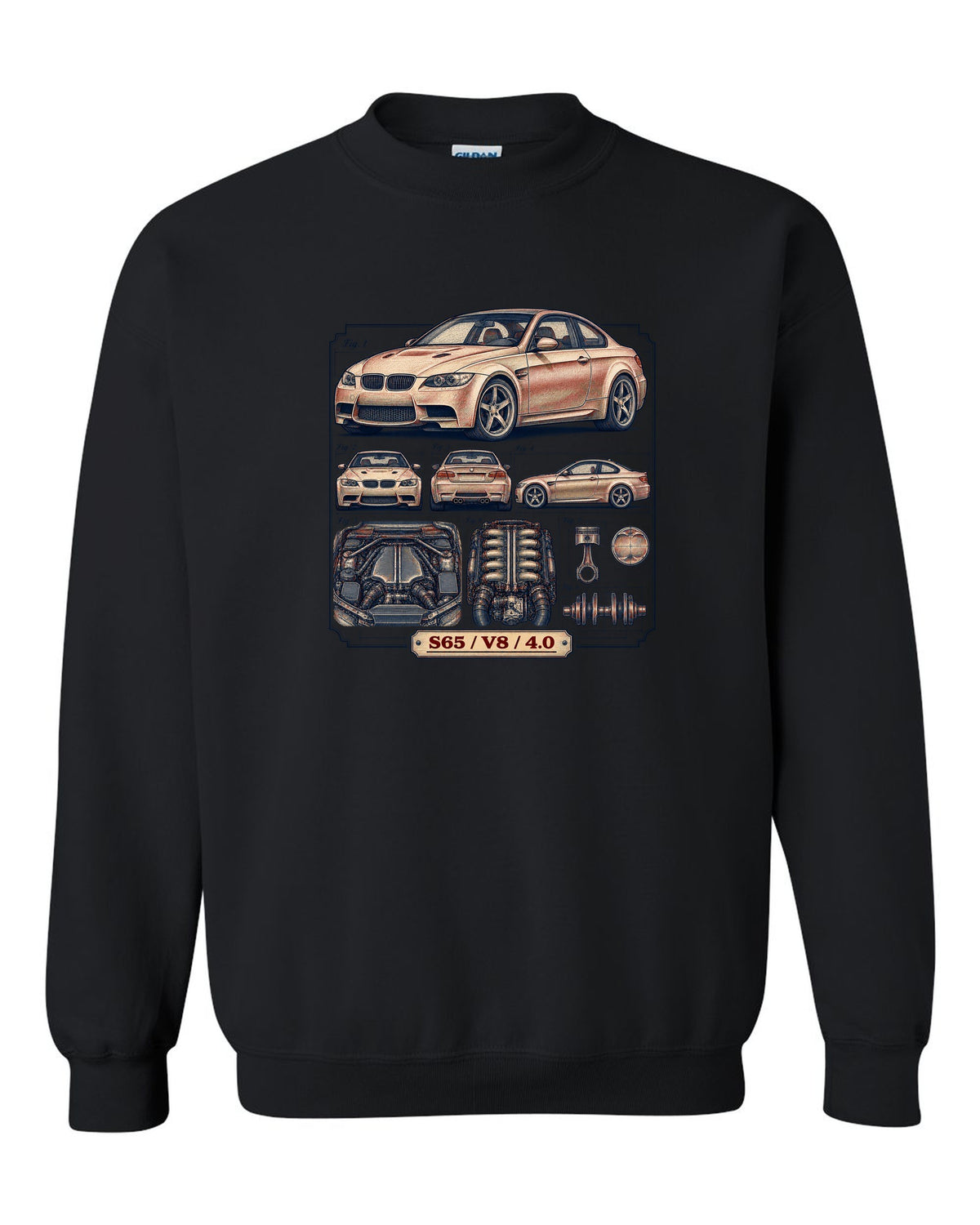Blueprint patent line drawing of a BMW E92 M3 coupe with S65 V8 4.0 text black crewneck front view with the design
