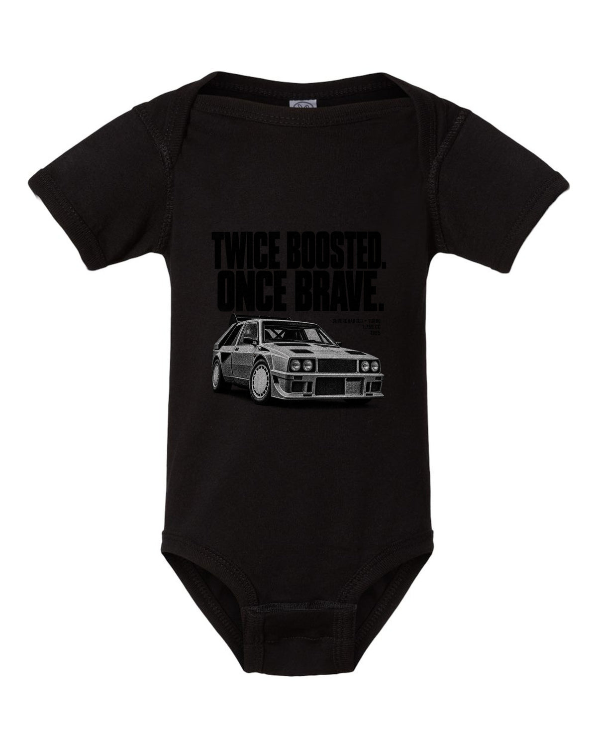 Halftone print of a Lancia Delta S4 with supercharged and turbo lettering black baby onesie front view with the design