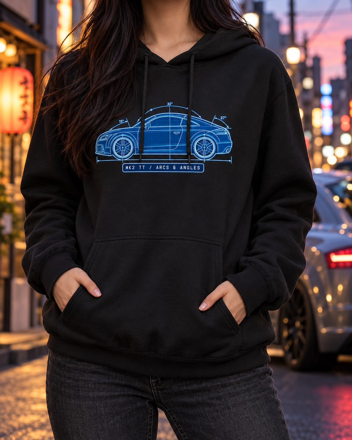 Audi TT 8J Mk2 Cyanotype Blueprint Shirt, Arcs and Angles Pull Over Hoodie Black worn hero