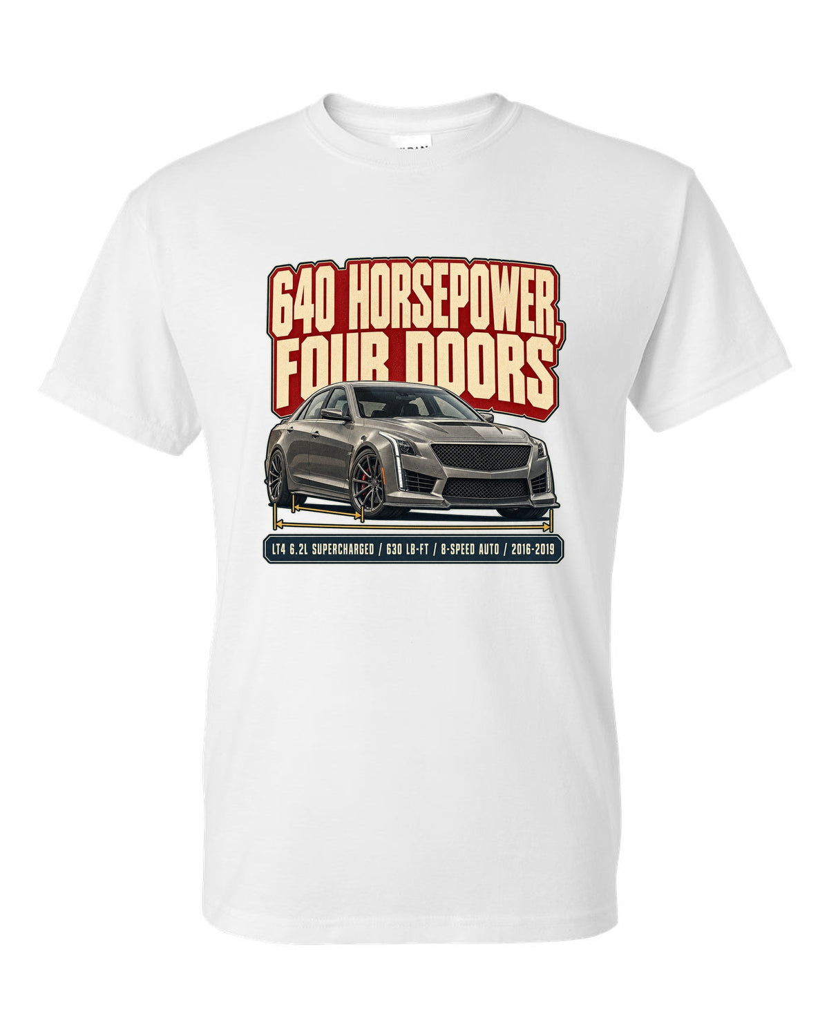 Editorial headline print for a 2016-19 third generation Cadillac CTS-V white t-shirt front view with the design