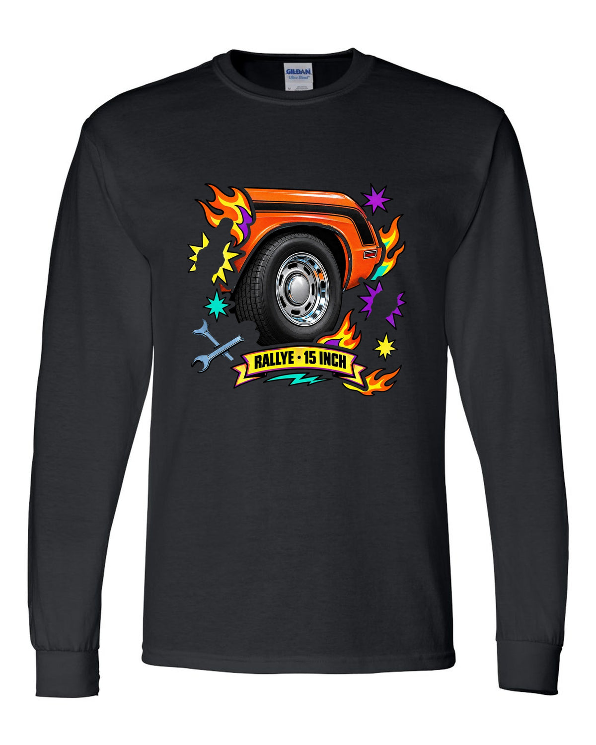 Sticker-bomb collage print of a 1970 Dodge Challenger R/T with Rallye wheel text black long sleeve front view with the design