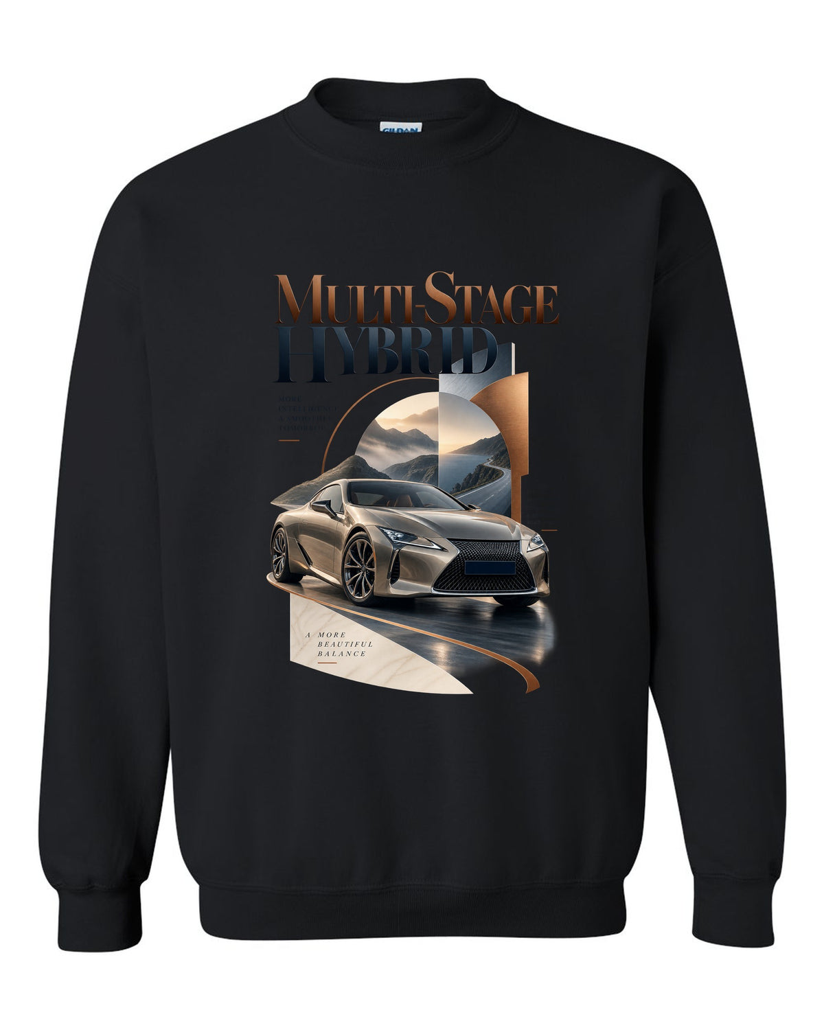 Editorial headline layout for the Lexus LC 500h hybrid black crewneck front view with the design