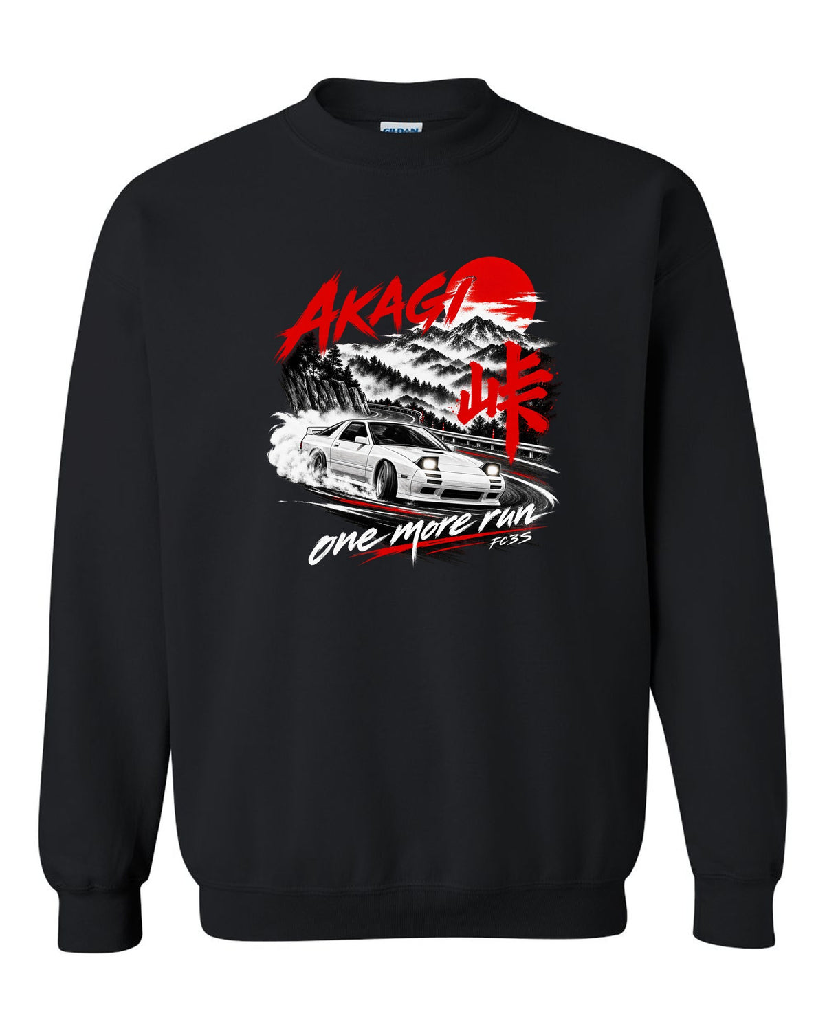Night print of a Mazda RX-7 FC3S on Akagi with one more run lettering black crewneck front view with the design