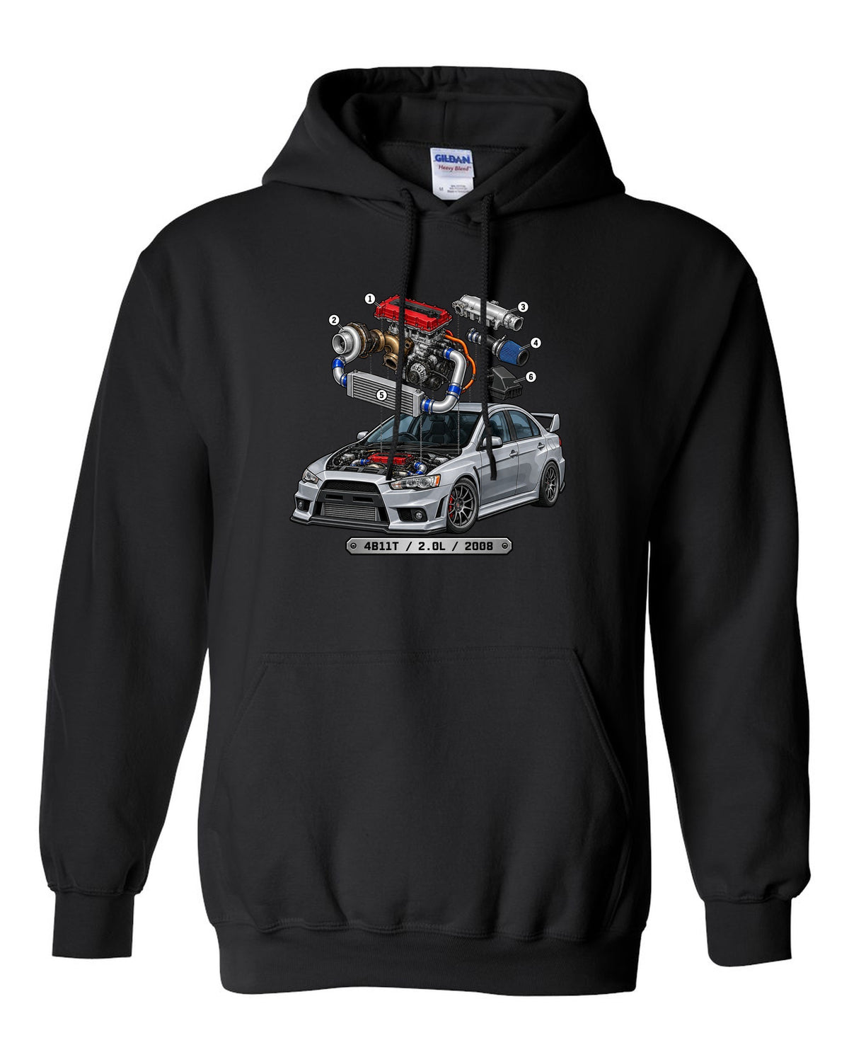 Exploded engine cutaway print for the Mitsubishi Evo X CZ4A with 4B11T 2.0L 2008 text black pull over hoodie front view with the design