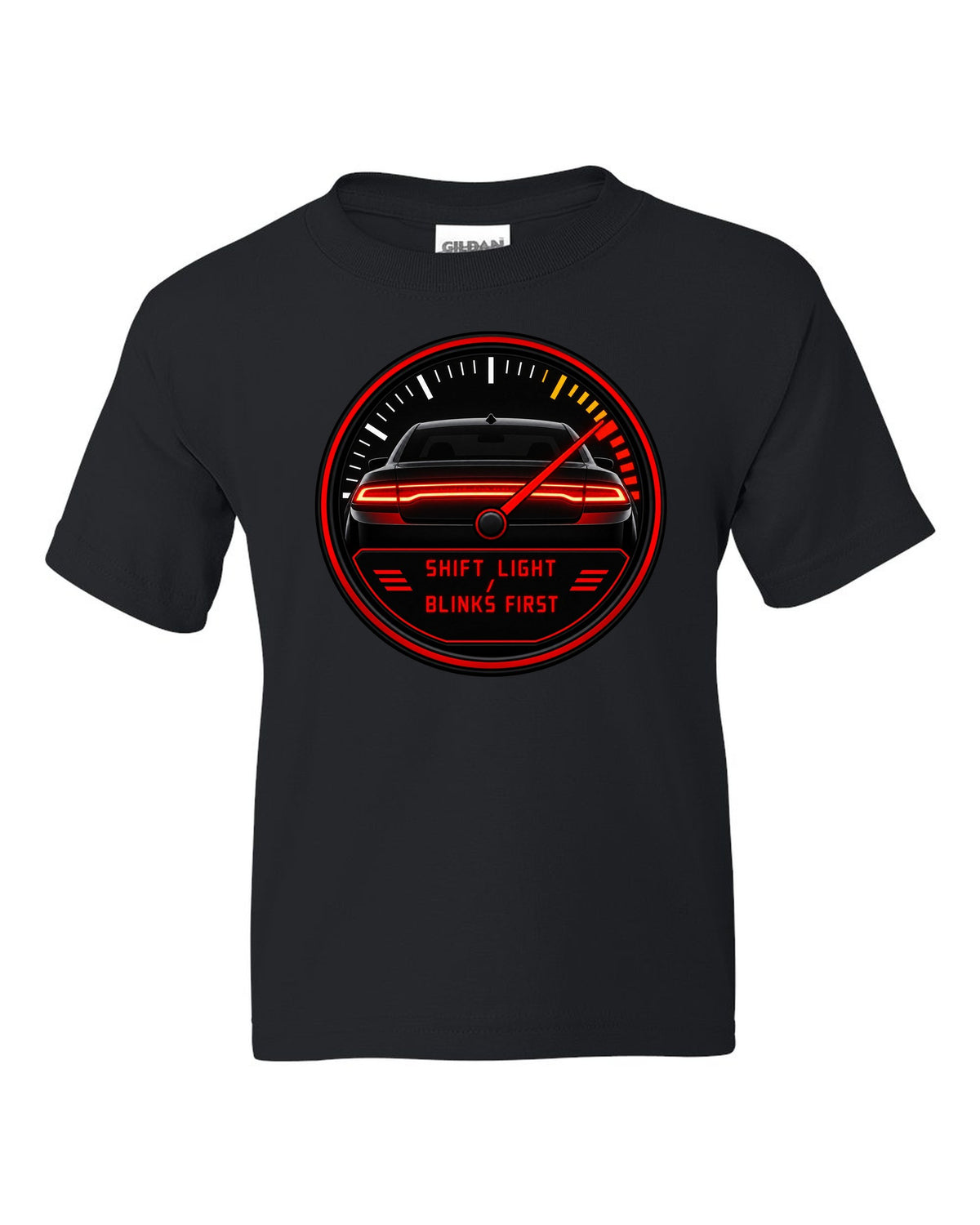 Hyundai Elantra N CN7 gauge-cluster HUD print with shift light blinks first text black kids tee front view with the design