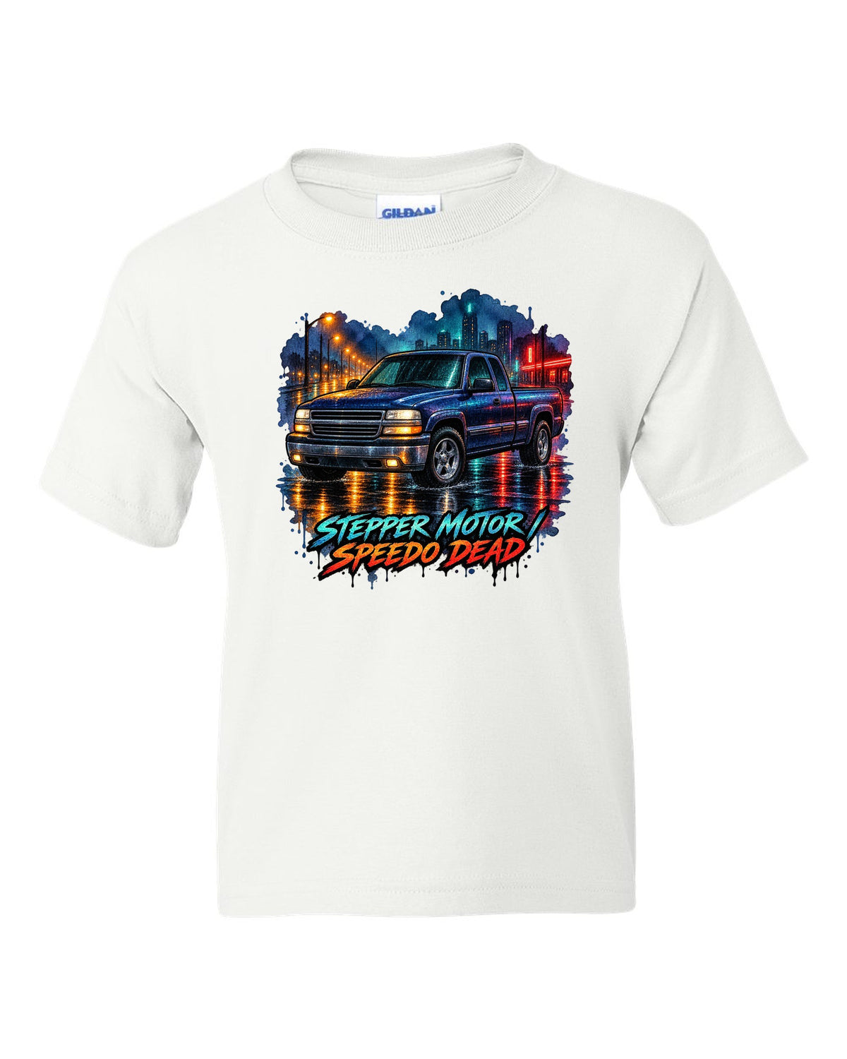 Watercolor wet-road night print of a 1999-2006 Chevrolet GMT800 NBS Silverado with stepper motor speedo dead lettering white kids tee front view with the design