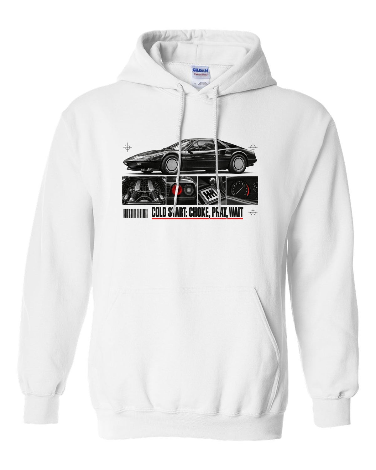 Dossier-panel print of a Ferrari 308 GTB/GTS with the line Cold Start: Choke, Pray, Wait white pull over hoodie front view with the design