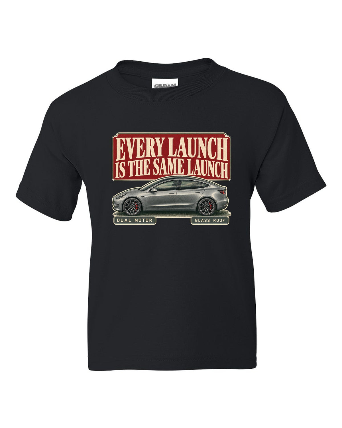 Tesla Model 3 Performance Editorial Headline Tee, 2018-2023 black kids tee front view with the design